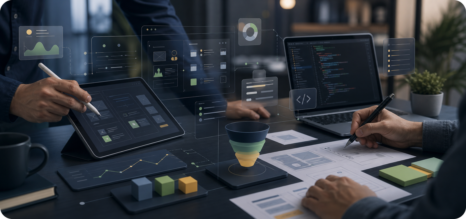 Mesa de trabajo digital con interfaces, analítica y desarrollo web